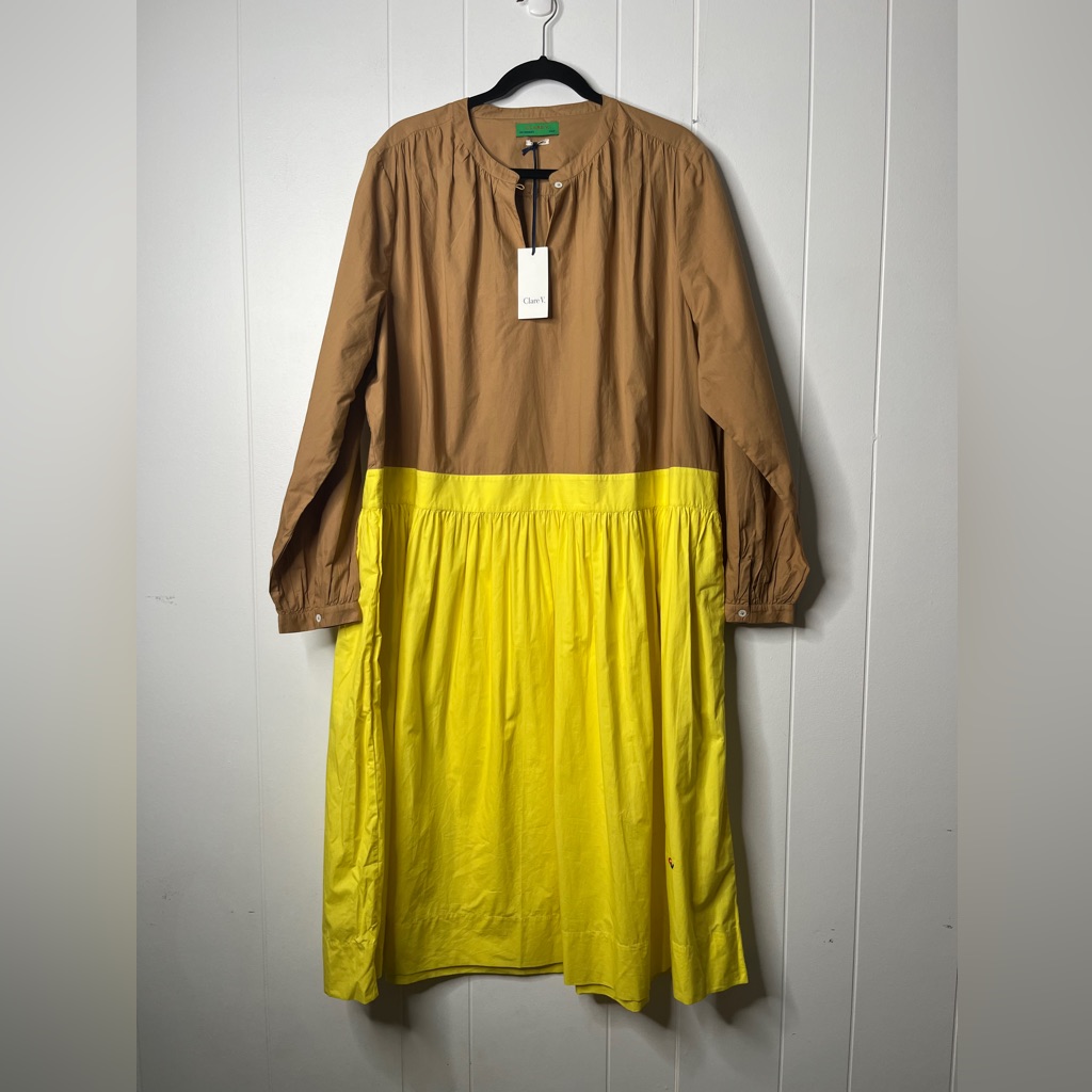 Clare V. Eugenie Dress Khaki/Yellow Poplin Oversized Long Sleeve Shirt Dress Xxl